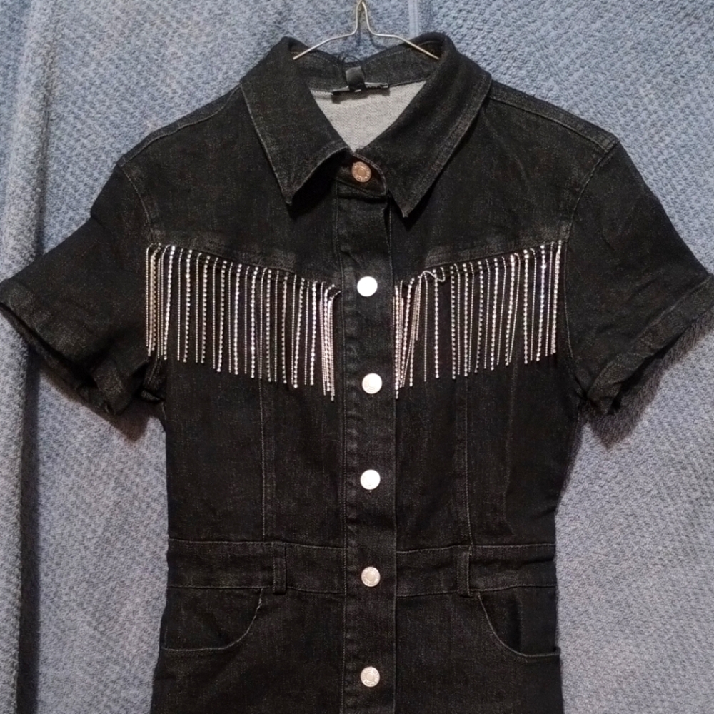 Fashion Nova kourt embellished denim mini dress. Black. Size S